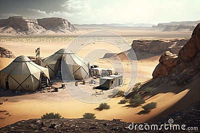 excavations site with tents and equipment, surrounded by desert landscape Stock Photo