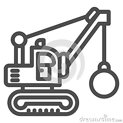 Excavator with ball to destroy buildings line icon, heavy equipment concept, crane with wrecking ball sign on white Vector Illustration
