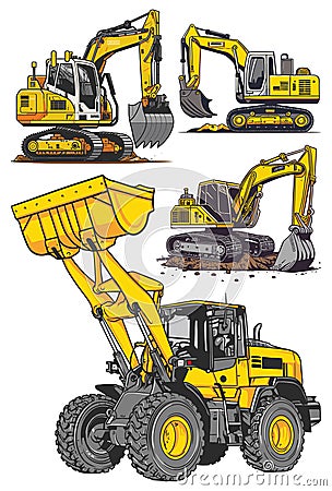 Excavator, bulldozer, loader, excavator, forklift, wheel loader. Vector illustration Vector Illustration