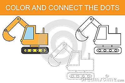Excavator cartoon. Educational game for children. Color and connect the dots. Vector Illustration