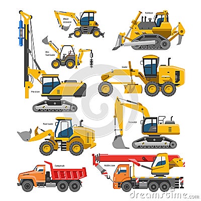 Excavator for construction vector digger or bulldozer excavating with shovel and excavation machinery industry Vector Illustration