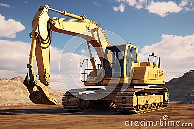 Excavator in the desert. 3D render. Construction equipment Stock Photo
