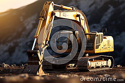 Excavator in the desert. 3D render. Construction equipment Stock Photo