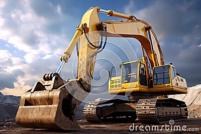 Excavator in the desert. 3D render. Construction equipment Stock Photo