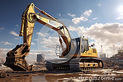 Excavator in the desert. 3D render. Construction equipment Stock Photo