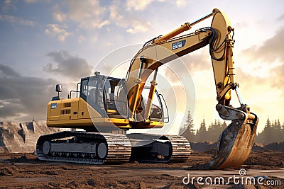 Excavator in the desert. 3D render. Construction equipment Stock Photo