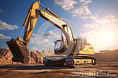 Excavator in the desert. 3D render. Construction equipment Stock Photo