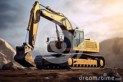 Excavator in the desert. 3D render. Construction equipment Stock Photo