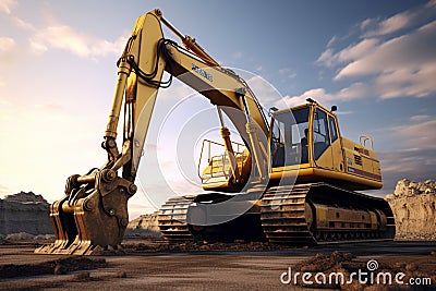 Excavator in the desert. 3D render. Construction equipment Stock Photo