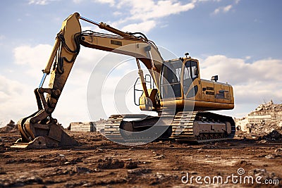 Excavator in the desert. 3D render. Construction equipment Stock Photo