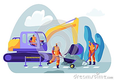 Excavator Dig Hole in Ground, Male Workers Remove Soil with Shovel and Wheelbarrow. Bagger Excavating Work on Foundation Vector Illustration