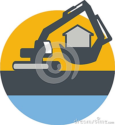 Excavator Digger Handling House Circle Retro Vector Illustration