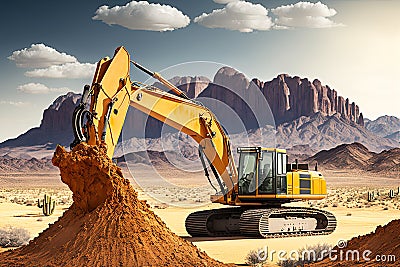 excavator digging in the desert, with mountains in the background Stock Photo