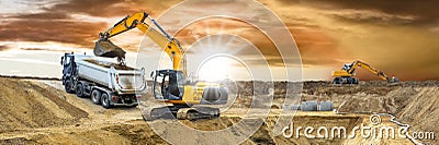 Excavator is digging and loading at construction site Stock Photo