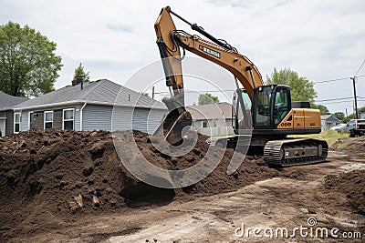 excavator digging into pile of dirt and rocks Stock Photo