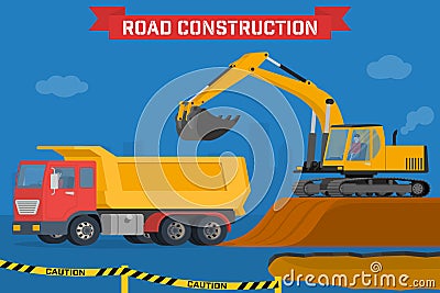 Excavator digging pit in the ground and load truck. Vector Illustration