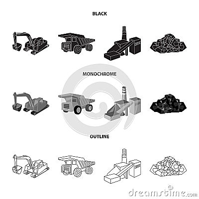 Excavator, dumper, processing plant, minerals and ore.Mining industry set collection icons in black,monochrome,outline Vector Illustration