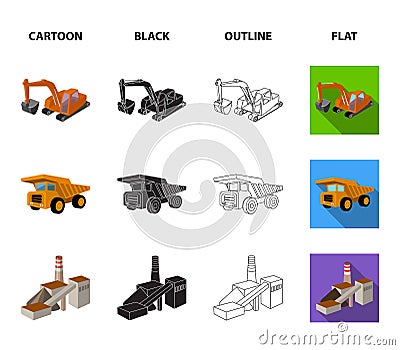 Excavator, dumper, processing plant, minerals and ore.Mining industry set collection icons in cartoon,black,outline,flat Vector Illustration