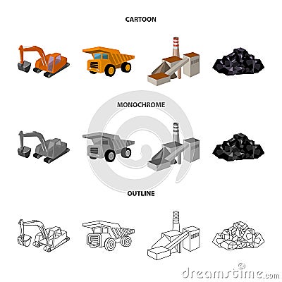 Excavator, dumper, processing plant, minerals and ore.Mining industry set collection icons in cartoon,outline,monochrome Vector Illustration