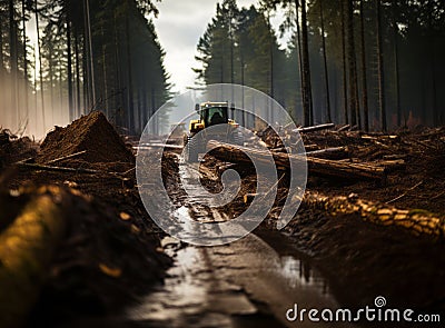 Excavator Grapple during clearing forest for new development. Laying a new road in a pine forest. Stock Photo