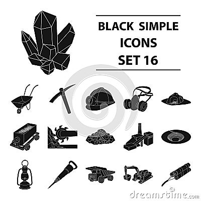 Excavator, jackhammer, helmet and other items for the mine. Mine set collection icons in black style vector symbol stock Vector Illustration