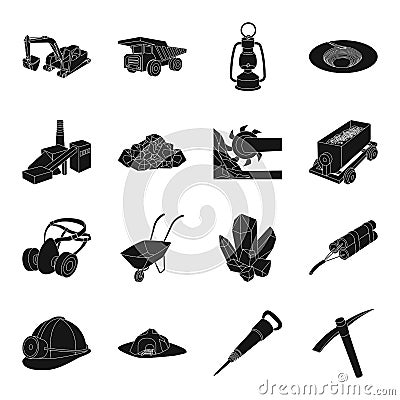 Excavator, jackhammer, helmet and other items for the mine. Mine set collection icons in black style vector symbol stock Vector Illustration