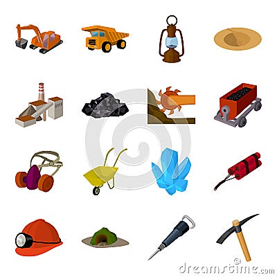 Excavator, jackhammer, helmet and other items for the mine. Mine set collection icons in cartoon style vector symbol Vector Illustration