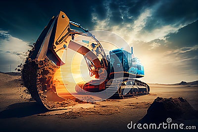 excavator loader machine during earthmoving works outdoors at construction site. Futuristic smart excavator digging ground Cartoon Illustration