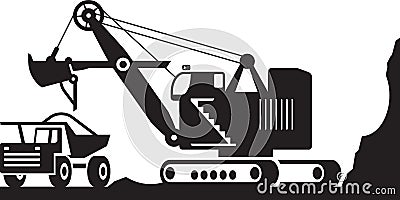 Excavator loading heavy duty truck with ore Vector Illustration