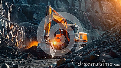 Excavator Operating in a Quarry at Sunset. Generative ai Stock Photo