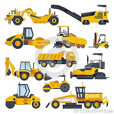 Excavator road construction vector digger or bulldozer excavating with shovel and excavation machinery illustration set Vector Illustration