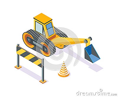 Excavator, Road Plastic Cone and Wooden Stand Vector Illustration