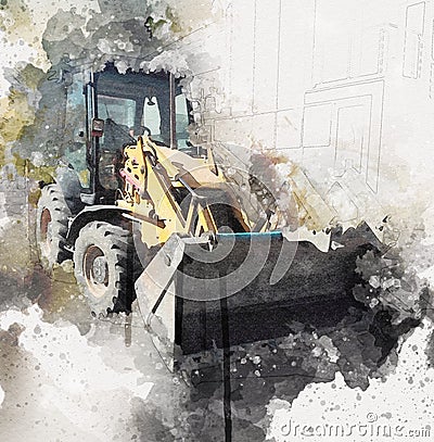 Excavator tractor illustration color isolated art work antique old Cartoon Illustration