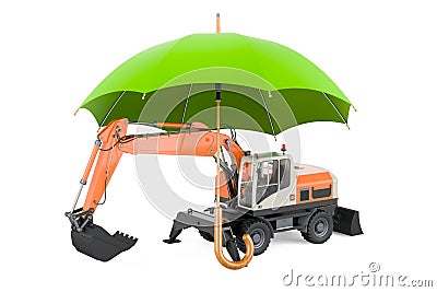 Excavator under umbrella, 3D rendering Stock Photo