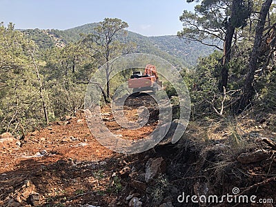Excavator uproots stumps of cutted trees in the coniferous highland forest Stock Photo