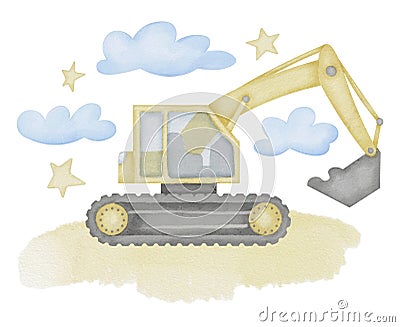 Excavator Watercolor illustration. Hand drawn clip art of Digger on isolated background. Baby toy car sketch. Truck Cartoon Illustration