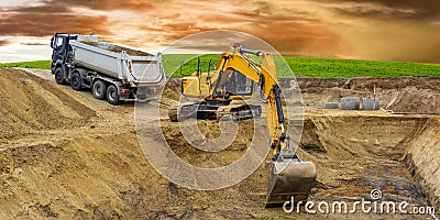 Excavator at work on construction site Stock Photo