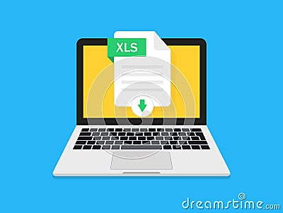 Excel file download. Xls sheet download in laptop. Icon of spreadsheet for export or import data. Document for office and computer Vector Illustration