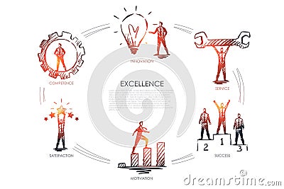 Excellence - competence, innovation, service, satisfaction, motivation set concept. Vector Illustration