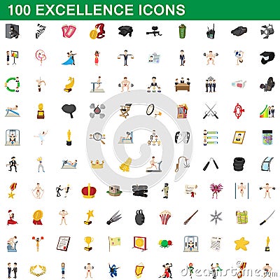 100 excellence icons set, cartoon style Vector Illustration