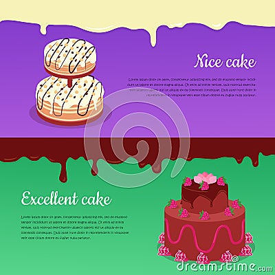 Excellent Cake and Tasty Cake Flat Vector Banners Vector Illustration