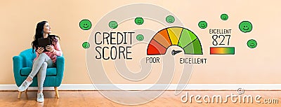 Excellent credit score with woman using a tablet Stock Photo