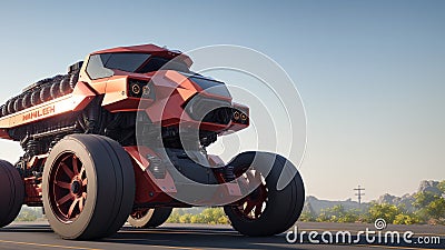 An Excellent Looking Red Monster Truck Driving Down A Road AI Generative Stock Photo