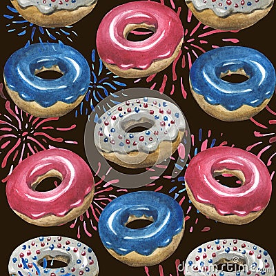 Watercolor pattern, glazed donuts, fireworks. All elements in the colors of the USA flag. Stock Photo