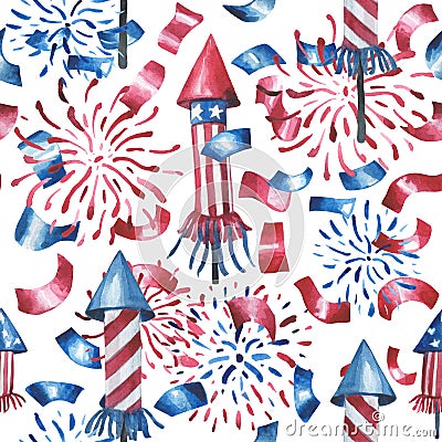 Watercolor pattern, salutes, rockets, confetti. All elements in the colors of the USA flag. Stock Photo