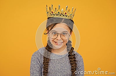 Excellent pupil. Success and happiness. Smartest princess. Intelligent princess. Little smart girl wear eyeglasses Stock Photo