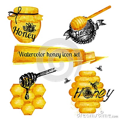 Excellent quality watercolor texture. Set of icons on a theme watercolor honey. Drawings ink, watercolor drawing. Vector Illustration