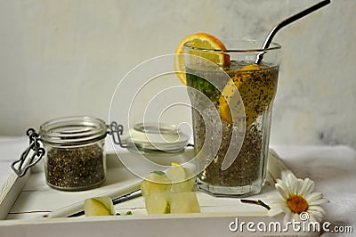 Chia water and lemon are an excellent source of omega-3 fatty acids, rich in antioxidants, and they provide fiber, iron, and calci Stock Photo