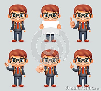 Excellent Student Genius School Clever Smart Boy Uniform Suit Goggles Eyeglasses Schoolbag Different Actions 3d Cartoon Vector Illustration