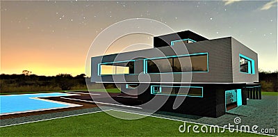 Excellent twilight view of the contemporary country house built according to the individual design. Elegant illumination of the Stock Photo